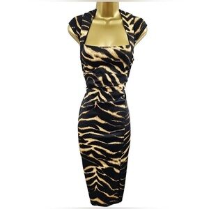 Karen Millen Black Gold Tiger Animal Print Satin Bodycon Dress Cap Sleeve